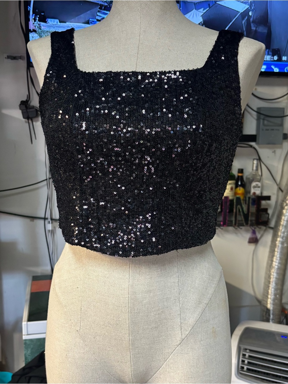 Rachel Zoe Black Sequin Square-Neck Crop Top